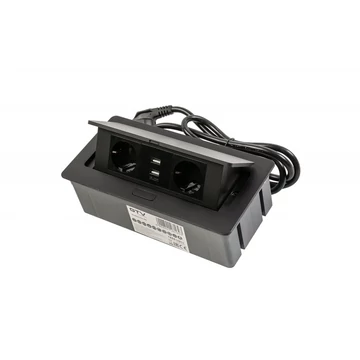 Elosztó felnyíló + kábel 2 konnektor + 2USB, Fekete