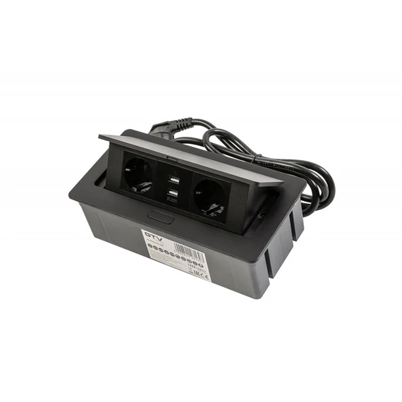 Elosztó felnyíló + kábel 2 konnektor + 2USB, Fekete