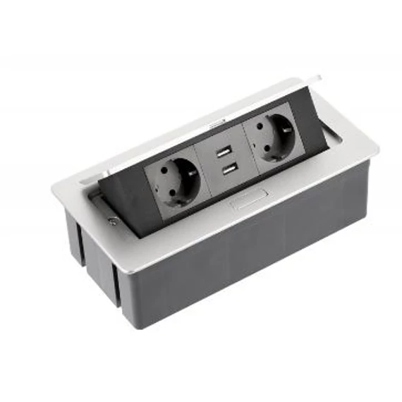 Elosztó felnyíló + kábel 2 konnektor + 2USB ezüst